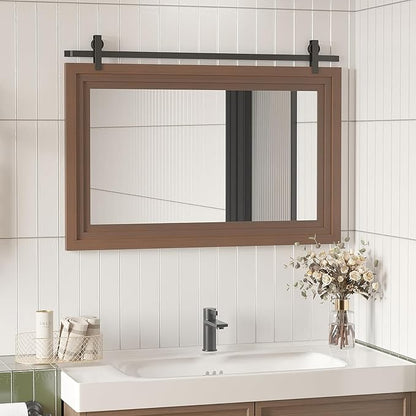 ALBAD Farmhouse Wood Framed Wall Mirror, Natural Wood and Framed Wall Mounted Bathroom Vanity Mirror for Farmhouse Decor, Vertical or Horizontal Hanging
