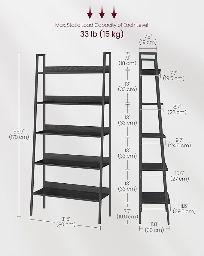 VASAGLE Bookshelf, 5-Tier Bookcase, Ladder Shelf for Home Office, Living Room, Bedroom, Kitchen, Ebony Black and Ink Black ULLS129B56