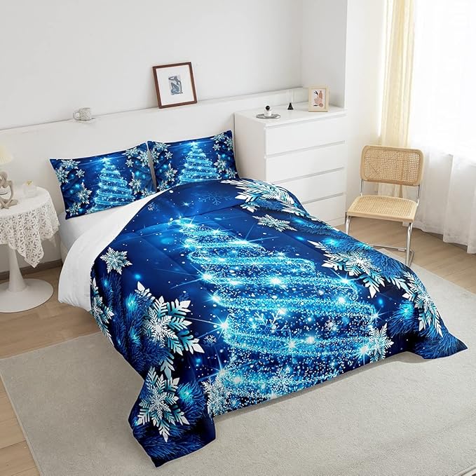Feelyou Girls Christmas Tree Comforter Set Blue Xmas Theme Comforter Full Chic Winter Snowflake Bedding Set for Girls Daughter Bedroom Decor Soft Girly Glitter Quilted Duvet Winter Warm Bedding