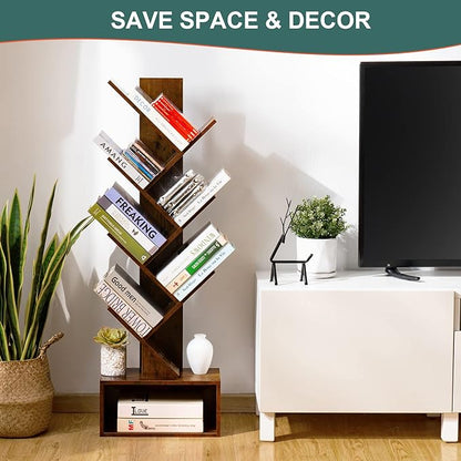 Yoobure Tree Bookshelf - 6 Shelf Retro Floor Standing Bookcase, Tall Wood Book Storage Rack for CDs/Movies/Books, Utility Book Organizer Shelves for Bedroom, Living Room, Home Office