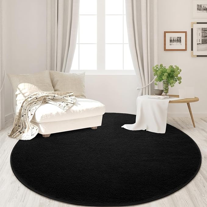 Round Area Rugs for Bedroom Living Room, 4x4 Black Super Soft Comfy Thickened Memory-Foam Indoor Circle Carpet, Modern Aesthetic Minimalist Carpet for Boys Girls Adults Nursery Home Décor