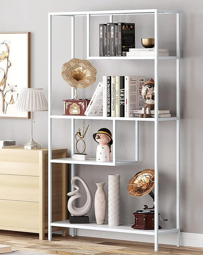 HOME BI Geometric Bookshelf, Tall Modern Etagere Bookcase, Industrial Metal Book Shelf with 5 Open Display Shelves for Office Living Room, White