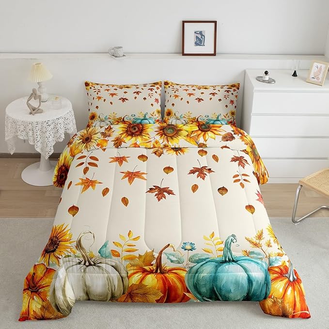 Fall Pumpkin Bedding Set for Home Twin Thanksgiving Harvest Season Fruit Decor Comforter Set Autumn Fall Maple Leaf Quilt Comforter for Kids Teen Adults,Rustic Farm Sunflower Bed Sets 1 Pillow Case