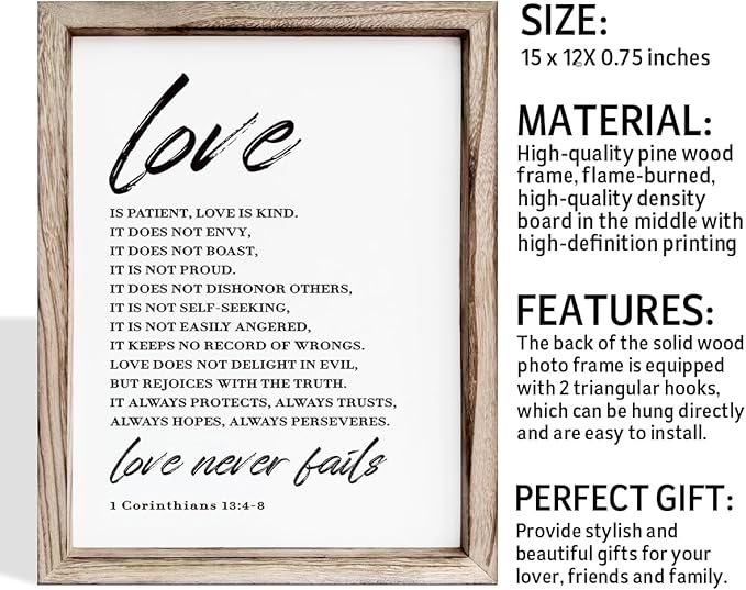 Love Wood Signs, Christian Wooden Wall Sign, Master Bedroom Signs, Inspirational Christian Gift, Home Decor, Framed Wall Plaque Sign 15 * 11.5 inches, Love is the Patient