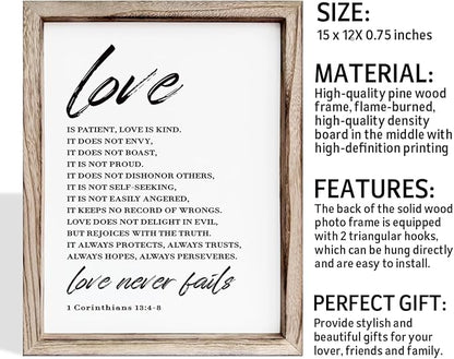 Love Wood Signs, Christian Wooden Wall Sign, Master Bedroom Signs, Inspirational Christian Gift, Home Decor, Framed Wall Plaque Sign 15 * 11.5 inches, Love is the Patient