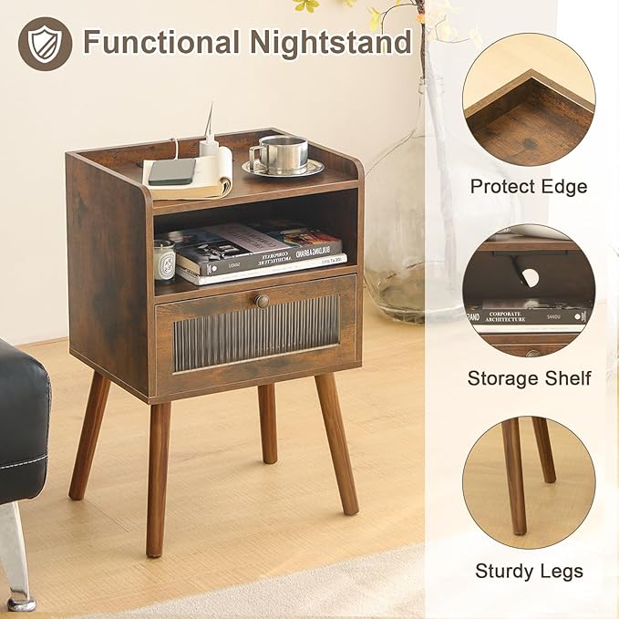 AWASEN Mid Century Night Stand with Charging Station, Wood Bedside Table with Glass Drawer, Small Modern Nightstand End Side Table with 2 Tiers Storage for Bedroom, Office(Rustic Brown)