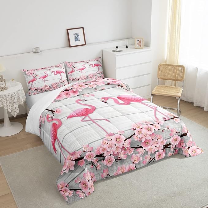 Erosebridal Flamingo Bedding Set King,Cherry Blossoms Comforter Set for Girls Boys Teens Women,Pink Tropical Bird Animal Comforter Flower Rustic Wooden Board Quilt Duvet Sets with 2 Pillow Cases