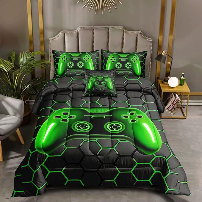 6 Pieces Bed in A Bag Gamer Bedding Set for Boys Kids Adult Gaming Comforters Set,Boys Bed in A Bag Set Queen Size Comforter with Fitted Sheet Flat Sheet Pillowcase pillowsham,DJTH5026Queen