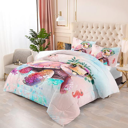 CVHOUSE Kawaii Sea Turtle Comforter Set Full Size,Ocean Theme Bedding Set for Girls Kids,Tie Die Turtle Quilt Set Ocean Turtle Duvet Set Ocean Decor 3 Pieces