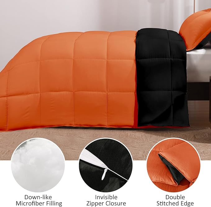 Basic Beyond Twin Comforter Set for Girls and Boys - Fluffy Twin Bed Comforter Set for All Seasons - Reversible Kids Twin Comforter Set - 2 Pieces (1 Comforter + 1 Pillow Sham) - Orange/Black
