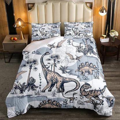 Erosebridal Kids Dinosaur Comforter Set, Dino Palm Tree Bedding Set Full Size for Boys Teens Adult Bedroom, Ancient Animal Duvet Sets Mountain Tropical Botanical Quilted Duvet with 2 Pillow Cases