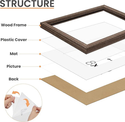 upsimples 8x10 Picture Frame, Natural Solid Wooden Picture Frames, Display 5x7 with Mat or 8 x 10 Without Mat, Wall or Tabletop, 1 Pack, Brown