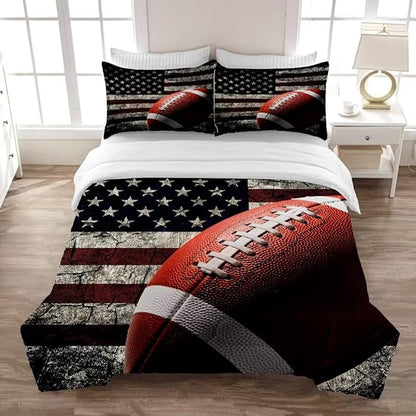 American Football Comforter Set for Boys Teens,Kids Sports Bedding Set Queen Size,USA Flag Football Printed Bedroom Sets with 2 Matching Pillow Shams