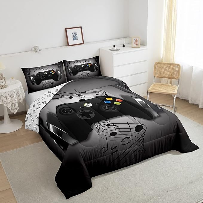 Gamer Comforter Set Queen Size,Black Grey Headphones Musical Design Games Gamepad Bedding Set for Kids Boys Video Game Room Decor Retro Playing Gamer Down Comforter Gaming Controller Quilted Duvet Set
