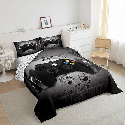 Gamer Comforter Set Full Size,Black Grey Headphones Musical Design Games Gamepad Bedding Set for Kids Boys Video Game Room Decor Retro Playing Gamer Down Comforter Gaming Controller Quilted Duvet Set