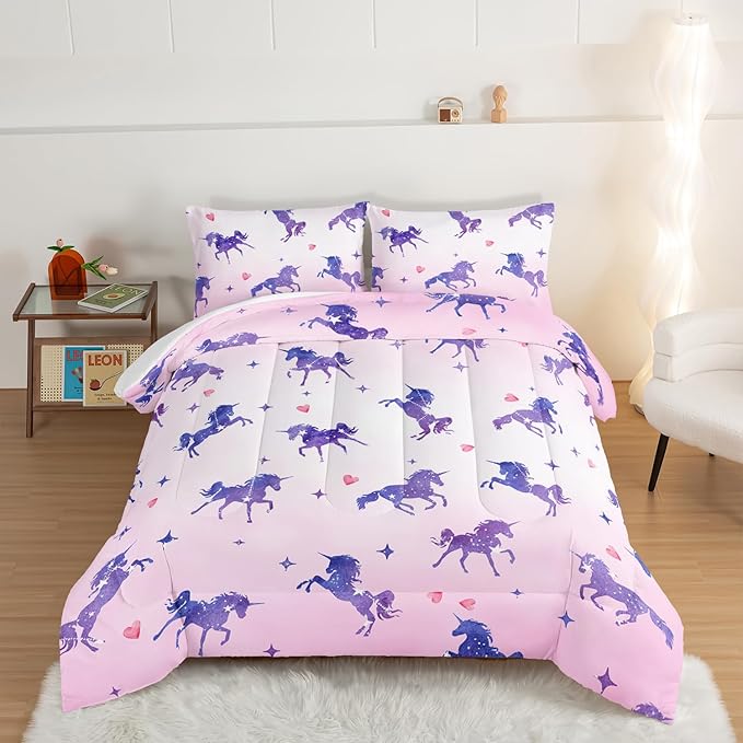HOSIMA Kawaii Unicorn Comforter,Purple Unicorn with Stars and Love Heart Princess Toddler Bedding Set-Soft Microfiber Full Size Bed in a Bag,Fairycore Room Decor Pink Comforter with 2 Pillowcases.