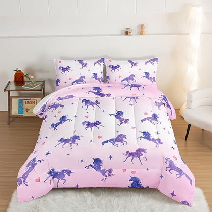 HOSIMA Kawaii Unicorn Comforter,Purple Unicorn with Stars and Love Heart Princess Toddler Bedding Set-Soft Microfiber Full Size Bed in a Bag,Fairycore Room Decor Pink Comforter with 2 Pillowcases.