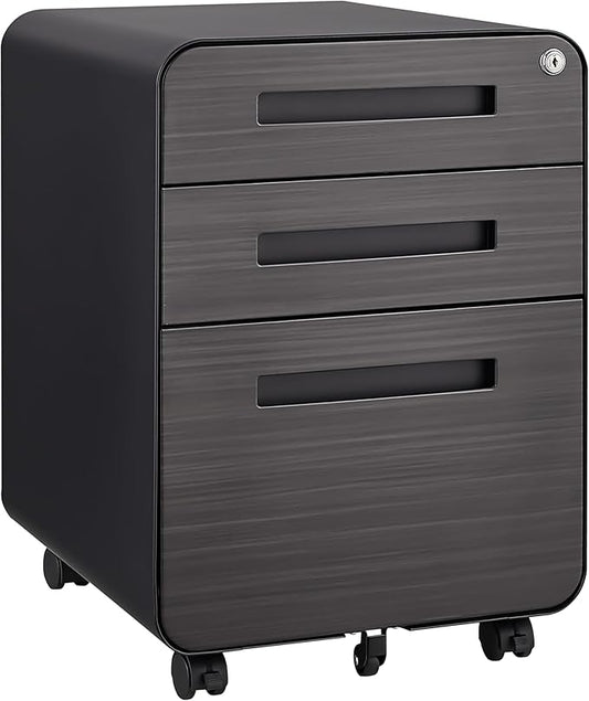 3 Drawer Mobile Desk Office with Lock and Wheels,Versatile Storage Cabinets w/Anti-Tilting Cold Rolled Steel Waterproof Moisture-Proof,for Legal/Letter/A4 Files,Dark Brown