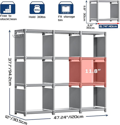Mavivegue Book Shelf, 9 Cube Storage Organizer, DIY Bookcase, Metal Cube Bookshelf, Tall Book case for Bedroom, Living Room, Office, Closet Storage Organizer, Grey Cubicle Storage Rack