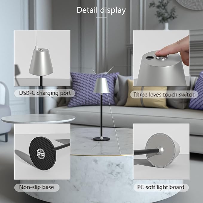 Modern LED CordlessTable Lamp,4000mAh Rechargeable Battery Desk lamp,3 Level Brightness Night Light, Metal Shell,Minimalist Design, for Couple Dinner/Coffee Table/Restaurant/Bedroom(Sliver&Black)