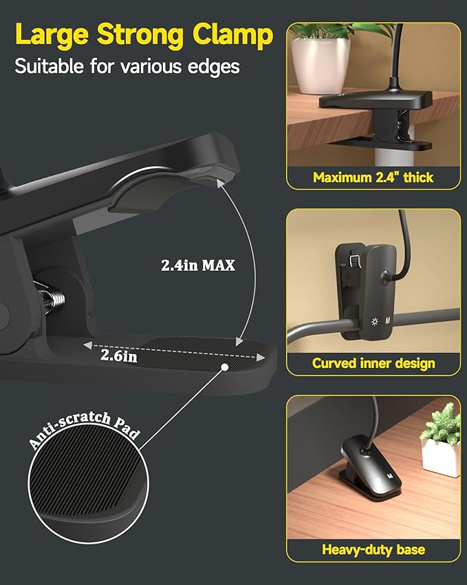CUHIOY Desk Lamp Clip on Reading Light, USB-C Battery-Operated Rechargeable Table Lamps with Clamp for Dorm Home Office, 38LEDs Bed Headboard Light, 5 Colors 5 Brightness, Flexible Gooseneck（Black）