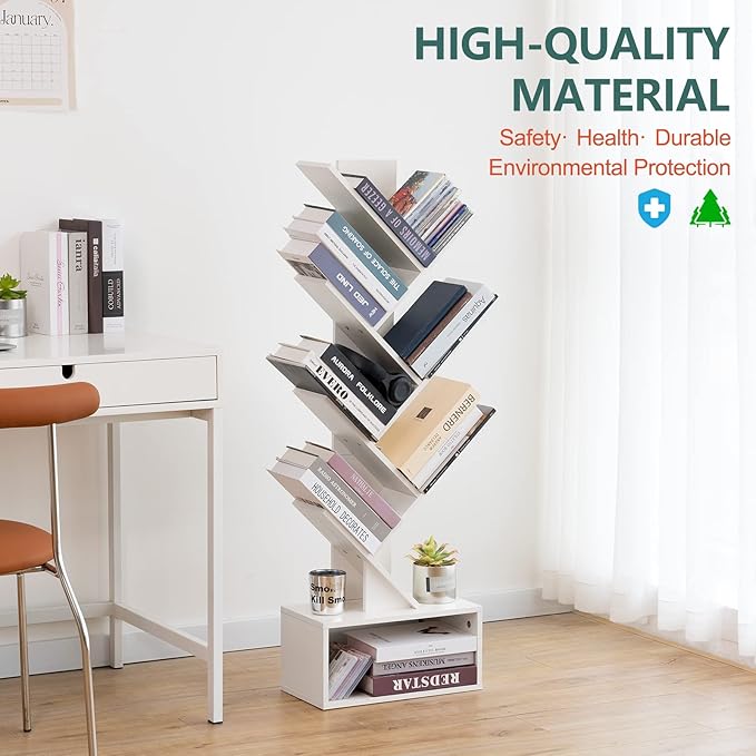 Yoobure Tree Bookshelf - 6 Shelf Retro Floor Standing Bookcase, Tall Wood Book Storage Rack for CDs/Movies/Books, Utility Book Organizer Shelves for Bedroom, Living Room, Home Office, White