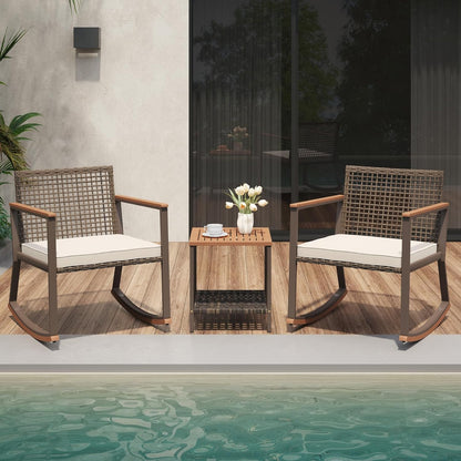 Verano Garden 3 Pieces Rocking Bistro Set, Conversation Bistro Set | Outdoor Chairs and Table Set, Wood Armrest, Soft Cushions, Small Porch Set, Balcony Set, Garden, Patio, Yard, Mix Brown