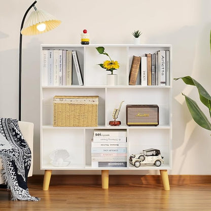 YAHARBO 8 Cube White Bookshelf,3 Tier Book Shelf with Legs,Modern Minimalist Bookcase,Open Book Shelves Storage Organizer,Frees Standing Wooden Display Bookcases for Small Space,Bedroom,Living Room