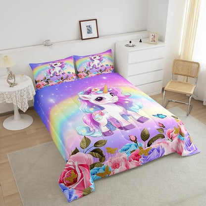 Cute Unicorn Kids Comforter Set Queen Size,Rainbow Starry Sky Roses Dreamy Bedding Set,Girls Women Room Decor,Cartoon Animals Flowers Down Comforter,Pink Purple Unique Duvet Insert,2 Pillowcases