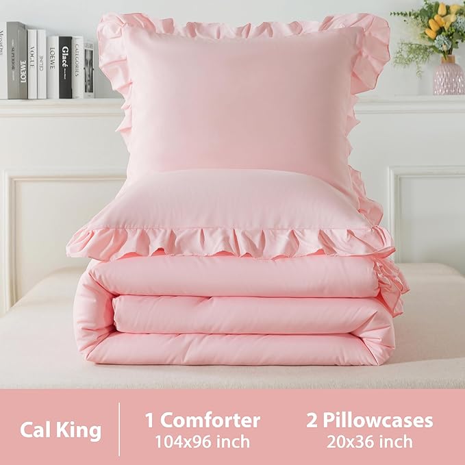 Andency Pink California King Comforter Set, 3 Pieces Cal King Light Pink Ruffle Comforter, Lightweight Soft Oversized Farmhouse Shabby Chic Microfiber Bedding Set (104x96Inch)