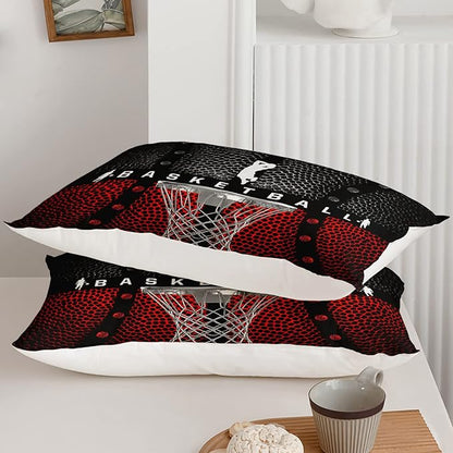 Axolotl Basketball Bedding Set for Boys Kids Teens,Soft Microfiber Black and Red Sports Theme Basketball Bedding Sets Full Size with 1 Comforter and 2 Pillowcases All Season