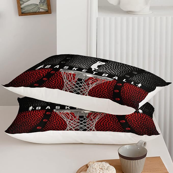 Axolotl Basketball Bedding Set for Boys Kids Teens,Soft Black and Red Sports Theme Basketball Bedding Sets Twin Size with 1 Comforter and 2 Pillowcases All Season