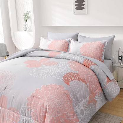 Yiran Blush Grey Floral Bed in a Bag Comforter 7 Pieces Soft Microfiber Comforter Set Bedding Set King Size 103"×90"(1 Comforter,2 Pillowcases,2 Pillow Shams,1 Flat Sheet,1 Fitted Sheet)