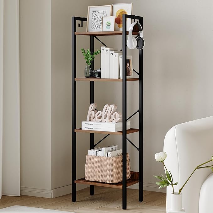 Bookshelf, Book Shelf, Industrial Bookcase with 2 Hooks, Coner Shelf Storage Organizer for Home Office, Living Room, Bedroom, Kitchen, 4-Tier Rustic Brown BC10401B