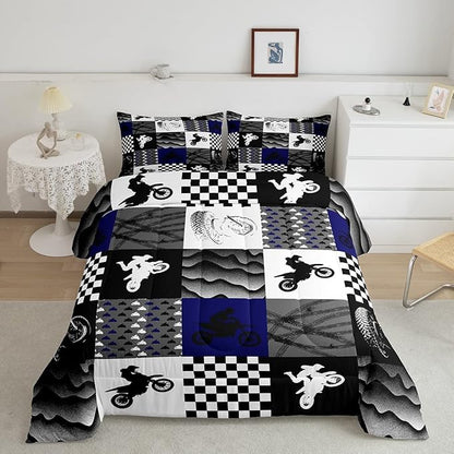 Dirt Bike Comforter Set, Motocross Rider Bedding Comforter Sets King, Motorcycle Grunge Down Comforter for Kids Boys Adult Men, Motorbike Extreme Sport Game Comforter, Buffalo Plaid, Blue Grey Black