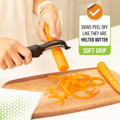 Spring Chef Swivel Vegetable Peeler with Soft Grip Handle, Set of 2, Black | Premium Potato Peeler w/ Ultra Sharp Stainless Steel Blades, Multifunctional Veggie Peeler for Apple, Carrot, Cucumber, Fruit