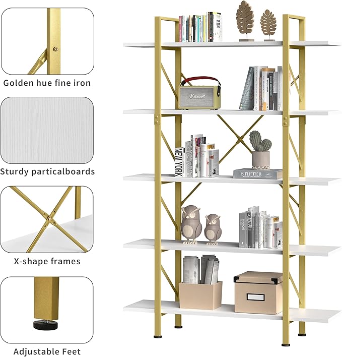 YITAHOME 5 Tier Gold Bookshelf, 70.9" Tall Modern Wide Bookcase, Open Storage Rack Shelves in Living Room/Bedroom/Home/Office, Books Holder Organizer for Books/Plants, Gold & White