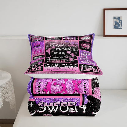 Cheerleading Comforter Set Cheer Gifts,Cheerleader Loves Bedding Set for Kids Girls Teens Adult,Cheer Pink (no real) Sequins Quilt Set Queen Geometric Plaid Patchwork Duvet Insert with 2 Pillowcases