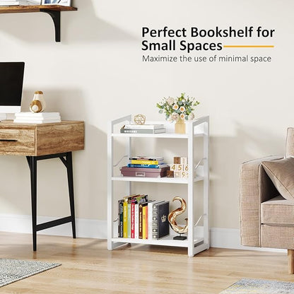 Book Shelf Small Bookshelf - 3-Tier Wood Bookcase Industrial Bookshelf Metal Narrow Bookshelves Storage Organizer Display Rack for Bedroom Living Room Home Office (White)