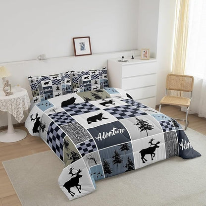 Deer Antler Comforter Set Full Size,Bear Rustic Farmhouse Adventure Bedding Set for Kids Boys Girls Adults Room Decor,Pine Trees Plaid Patchwork Down Comforter,Blue Xmas Duvet Insert,2 Pillowcases