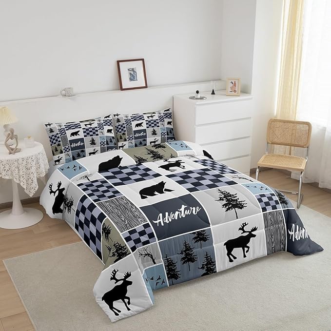 Deer Antler Comforter Set King Size,Bear Rustic Farmhouse Adventure Bedding Set for Kids Boys Girls Adults Room Decor,Pine Trees Plaid Patchwork Down Comforter,Blue Xmas Duvet Insert,2 Pillowcases