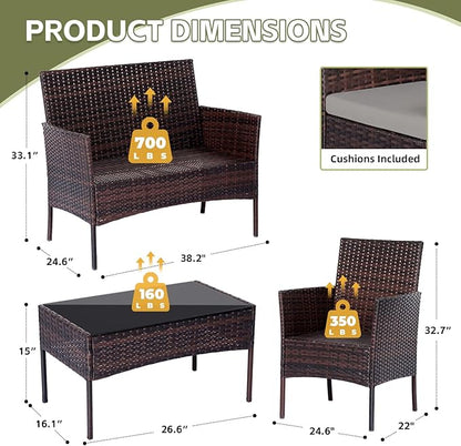 Patio Furniture Set,4 Piece Garden Conversation Set, Outdoor Wicker Rattan Table and Chairs, Black Patio Set, Sectional Sofa with Thick Cushion for Garden, Yard, or Porch (Brown/Grey)…
