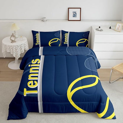 Feelyou Kids Tennis Comforter Set King Size Tennis Sports Bedding Set for Boys Girls Teens Bedroom Decor Tennis Gaming Comforter Blue Yellow Tennis Lovers Duvet Set with 2 Pillow Case