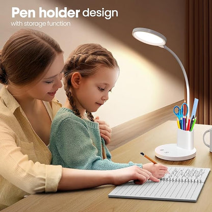 Desk Lamps for Home Office with Pen Holder/Organizer,6 Color Modes,Stepless Dimming,Study Desk Lamp for Kids,LED Desk Light Gooseneck Eye-Caring Lamp with Phone Stand/Storage,College Dorm Essentials
