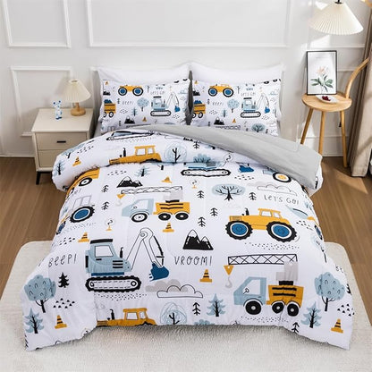 NTBED 5 Pieces Construction Truck Twin Comforter Set for Boys Kids Forest Vehicles Excavator Lightweight Microfiber Bedding Sets