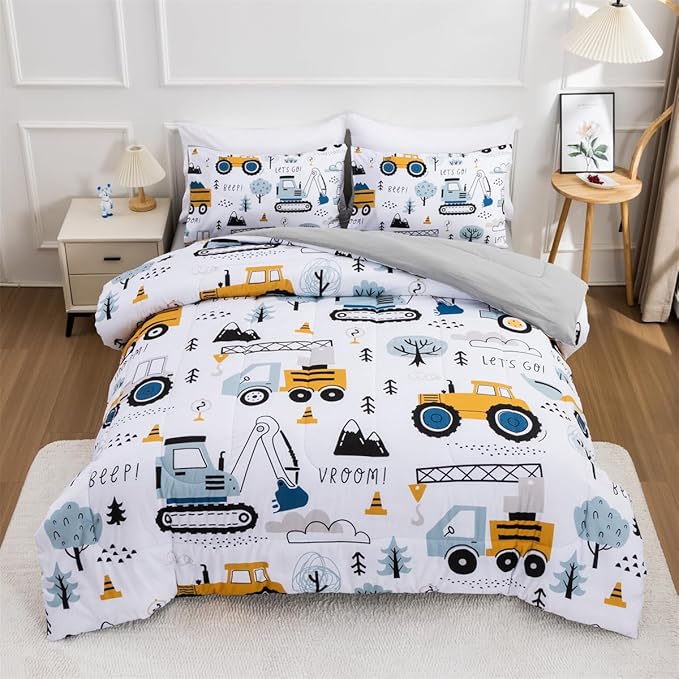 NTBED 5 Pieces Construction Truck Full Comforter Set for Boys Kids Forest Vehicles Excavator Lightweight Microfiber Bedding Sets