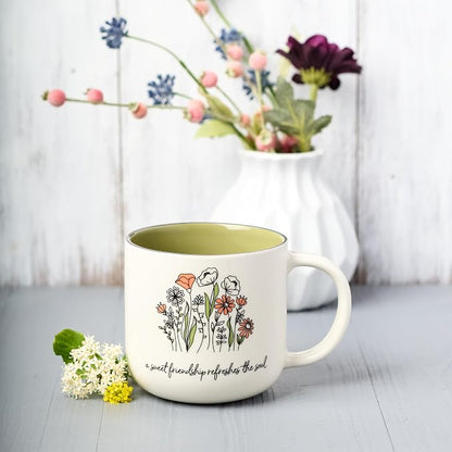 Christian Art Gifts Large Ceramic Coffee & Tea Mug for Women & Friends: Sweet Friendship - Proverbs 27:9 Scripture, Cute Microwave/Dishwasher Safe Floral Cup, Sage Green/White, 15 oz. (Pack of 2)