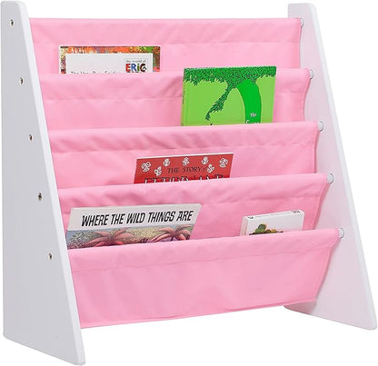 Wildkin Kids Canvas Sling Bookshelf for Boys and Girls, Wooden Design Features Four Fabric Shelves, Keep Bedrooms, Playrooms, and Classrooms Organized, Measures 25 x 24 x 11 Inches (White w/ Pink)