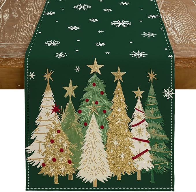 GEEORY Christmas Table Runner 13x108 Inch, Xmas Trees Snowflakes Holiday Decorative Farmhouse Table Decoration for Kitchen Dinning, Indoor Outdoor Dinner Party Decor (Green) GT152-108