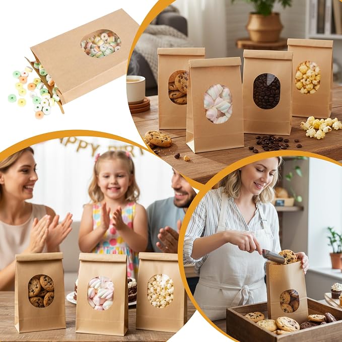 Bakery Bags with Window, 100Pcs, 5.1x2.75x9.6 in, Kraft Paper, Reusable | Airtight tin tie lock + clear window: reusable food-safe kraft bags for bread, cookies, coffee beans, snacks & party favors